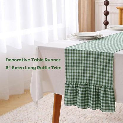 Christmas Green White Plaid Gingham Ruffle Table Runner 120 inches Long - Image 3