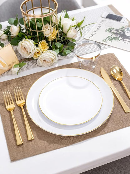 WDF 300PCS White and Gold Plates - Wedding Plastic Dinnerware Set for 50 Guests Include 50 Dinner & 50 Cake Plates, 50 Cutlery, 50 Cups for Wedding Birthday Valentine's Day