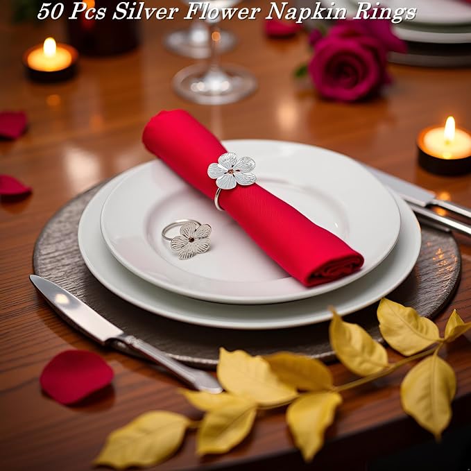 Flower Silver Napkin Rings Set of 50, Shiny Floral Napkin Ring Metal Holder | - Image 7
