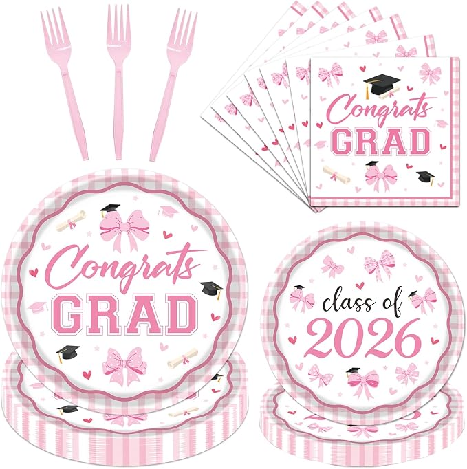 Rakuto Pink Graduation Decorations 2026, 2026 Graduation Pink Bow Themed Forks by Rakuto