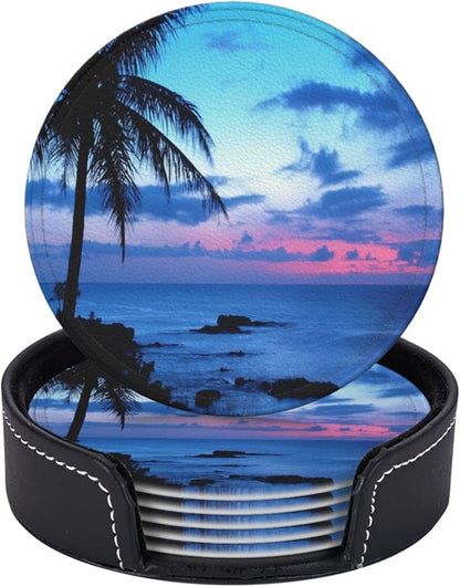6 Pcs Tropical Ocean Beach Palm Trees Leather Coasters - Image 2