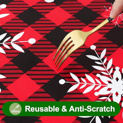 Smiry Christmas Rectangle Table Cloth, Waterproof Vinyl Tablecloth with Flannel Backing, Wipeable Bufflo Checked Snowflake Plastic Tablecloths for Christmas Table Decorations, (60"x102", Black & Red)