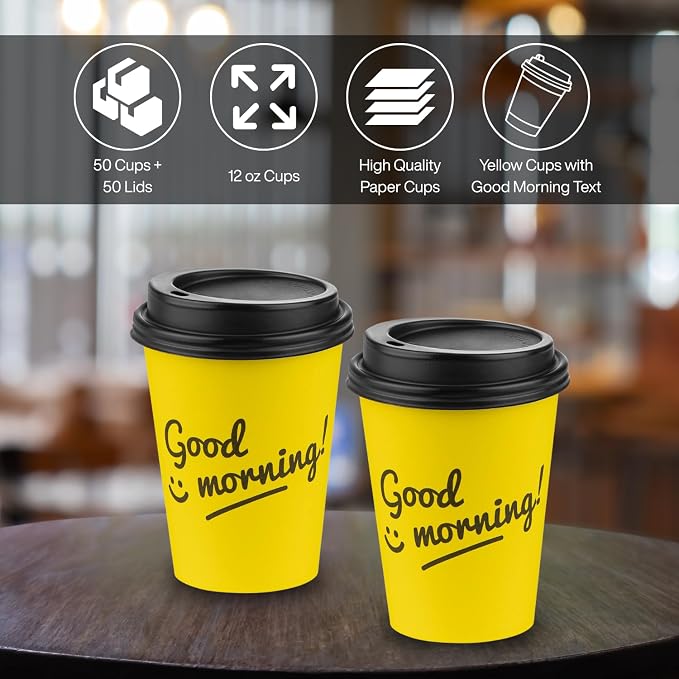 Disposable Coffee Cups with Lids, To Go Paper Hot Cups, Good Morning Design - Image 2