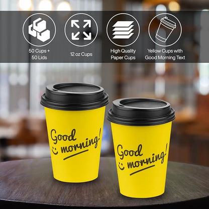 Disposable Coffee Cups with Lids, To Go Paper Hot Cups, Good Morning Design - Image 2