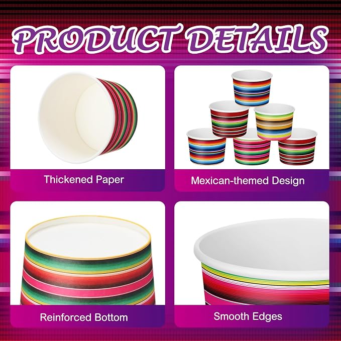 CHENGU 60 Pcs Mexican Stripes Snack Cups 9 oz Disposable Mexican Stripes Ice - Image 5