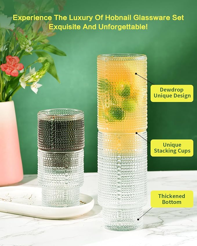 ISMASOAN Hobnail Drinking Glasses Set of 12, Stackable Glasses 12 oz & 7 oz | - Image 4