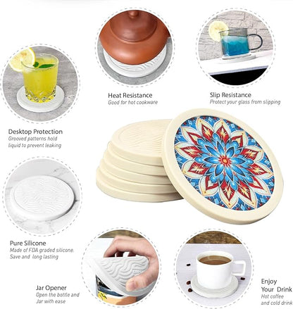 Mandala Non-Slip Silicone Coasters, 4-Pack Double-Sided Absorbent Cup Mats for Hot & Cold Drinks, Scratch & Water Ring Protection for Wood Tables, Home Office Bar Use (6PC Wanda La)