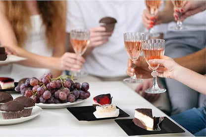 Exquisite Mini Disposable Appetizer Plates - 100 Pack 4.5 In. x 4.5 In. Black Plastic Dessert Plates - Elegant Design for Weddings, Birthdays, and Formal Parties - Stackable and Convenient - BPA Free