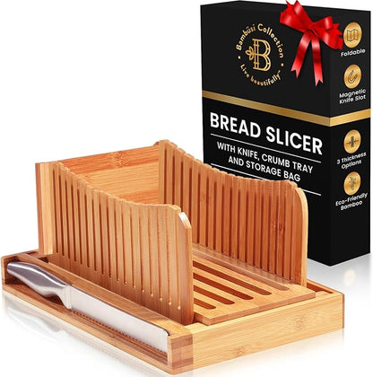 Bread Slicer for Homemade Bread - Adjustable Bamboo Bread Cutter with Knife, Foldable Slicing Guide & Crumb Tray - Bread Loaf Slicer for Sourdough, Cakes, Bagels, Loaves - Kitchen Gadgets Baking Gifts