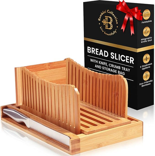 Bread Slicer for Homemade Bread - Adjustable Bamboo Bread Cutter with Knife, Foldable Slicing Guide & Crumb Tray - Bread Loaf Slicer for Sourdough, Cakes, Bagels, Loaves - Kitchen Gadgets Baking Gifts