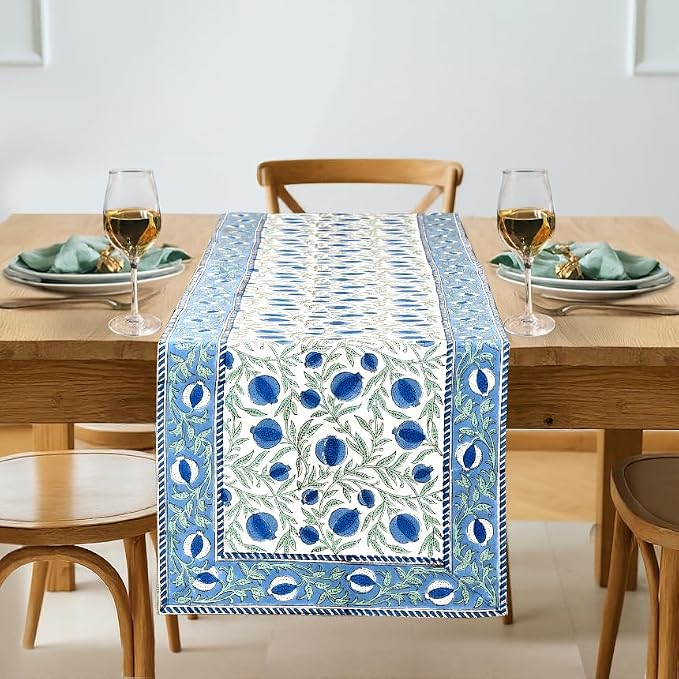 Queen Blue Hand Block Print 100% Cotton Reusable Table Runner 16" X 106" Inches by Ridhi