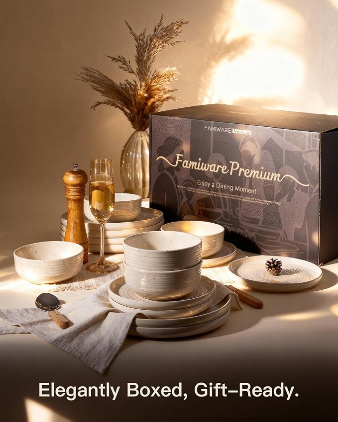 Stoneware Dinnerware Set for 8, Reactive Glaze Plates & Bowls, Shell Beige | - Image 8