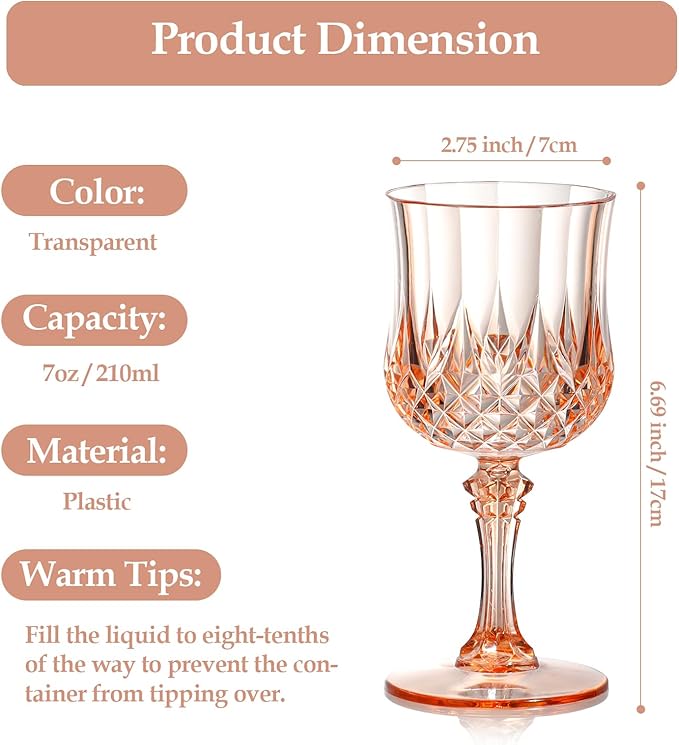 XUWAIDSGN 24 Pcs 7oz Plastic Vintage Wine Glasses Drinking Glasses Unbreakable Wedding Glassware Crystal Water Goblets Reusable Drinkware Vintage Champagne Flutes (24, Pink)