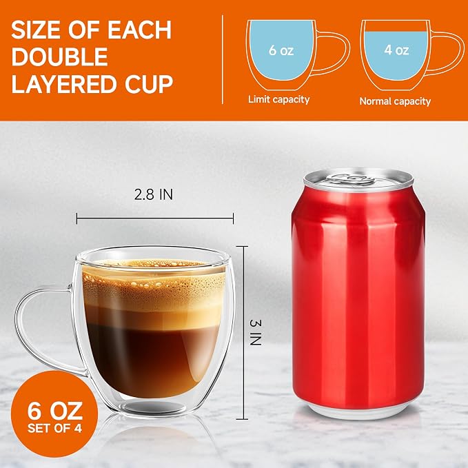 6 Ounces Set of 4 Double Walled Glass Coffee Mugs - Image 5