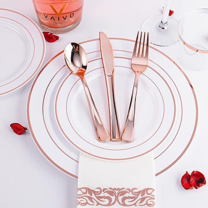 300PCS Rose Gold Plastic Silverware, Disposable Cutlery & Utensils | Heavy Duty - Image 4