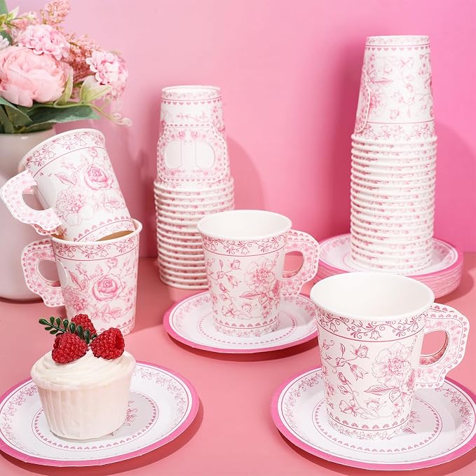 Whaline 80 Pcs Pink White Floral Paper Tea Cups and Saucers Porcelain - Image 4