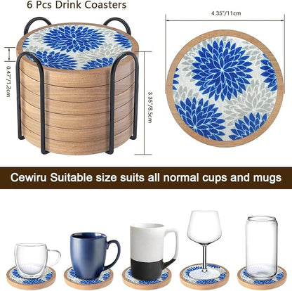 Wood Coasters Set of 6 with Holder, Cewiru Cup Mat - Image 6