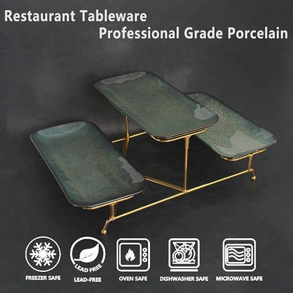3 Tier Serving Trays for Party, 12.7 Inch Porcelain Serving Platters and Tiered Trays, Foldable Sturdy Gold Stand, for Food Display, Fruit, Cake Dessert, Decoration Entertaining, Dark Blue