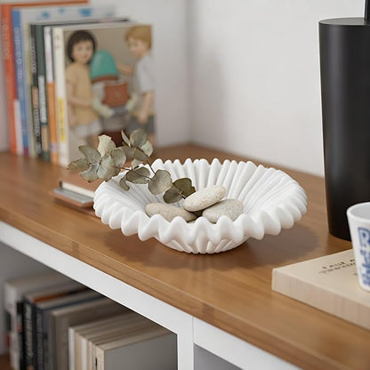 Large Decorative Bowl decor, Scalloped Pedestal Bowls for Modern Home Decor,Ruffle Decor,Stylish Key Bowl for Entry Table,Decorative Fruit Bowl for Kitchen Counter,Artificial Stone Milky White