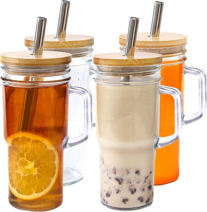 24oz Glass Cups with Lids and Straws by Unknown