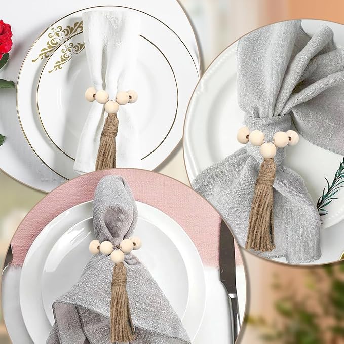 Wooden Bead Napkin Rings Set of 12, Farmhouse Stretchable Napkin Rings - Image 4