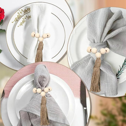 Wooden Bead Napkin Rings Set of 6, Farmhouse Stretchable Napkin Rings - Image 4