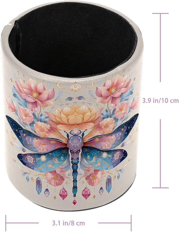 Leather Pen Holder for Desk, Dragonfly Pencil Cup Pen Organizer Makeup Brush - Image 3