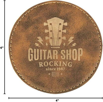 Custom Engraved Coasters | Personalized Leather Coaster | Set of 6 | Drink Coasters with Holder | Laser Engraved | Tabletop Protection | Gift for Couples (Round 4", Rustic w/Gold)