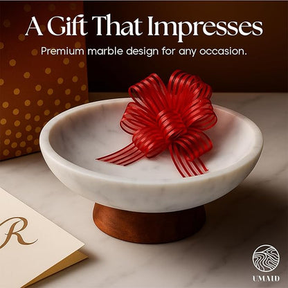 UMAID White Marble Decorative Bowl with Wood Pedestal, 10" Handcrafted Natural Stone Centerpiece with Unique Veining, Luxury Kitchen Fruit Bowl & Entryway Catch-All, for Potpourri & Coffee Table Decor