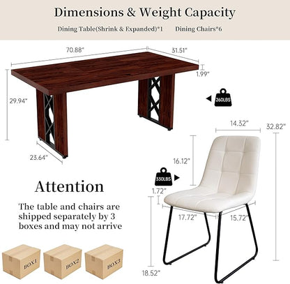 7-Piece Dining Table Set for 6 People, 70.8" MDF Kitchen Table with 6 Upholstered Chairs, Space-Saving for Dining Room, Breakfast Nook(Walnut Table+6 White Chairs