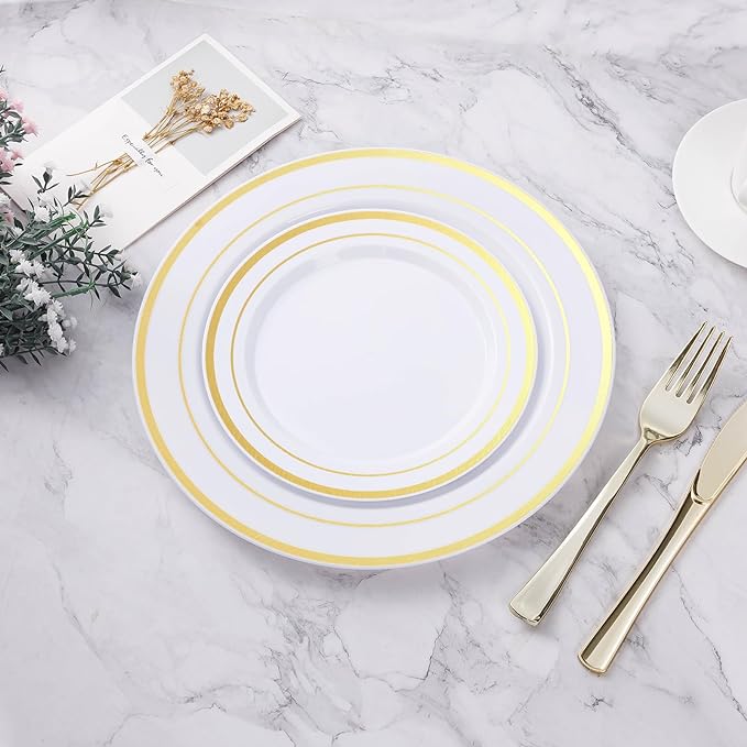 BESTVIP 200PCS Gold Plastic Plate, Disposable Party Plates with 100 Dinner Plates and 100 Dessert Plates, Plastic Plates for Party, Wedding and Birthday