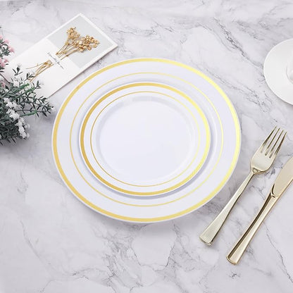 BESTVIP 100PCS Gold Plastic Plate, 7 Inch Disposable Dessert Plate Party with Gold Rim, Heavy Duty Disposable Plastic Plates for Party, Wedding and Birthday