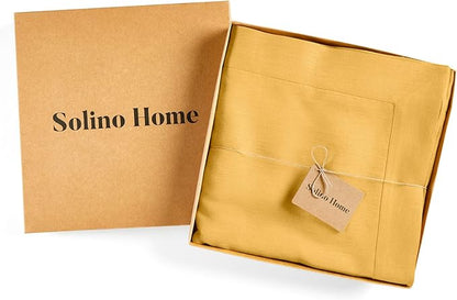 Solino Home Linen Tablecloth for Rectangle Tables 60 x 144 Inch - 100% Pure Linen Mustard Yellow Table Cloth - Fete, Machine Washable Cloth Tablecloth for Spring, Easter