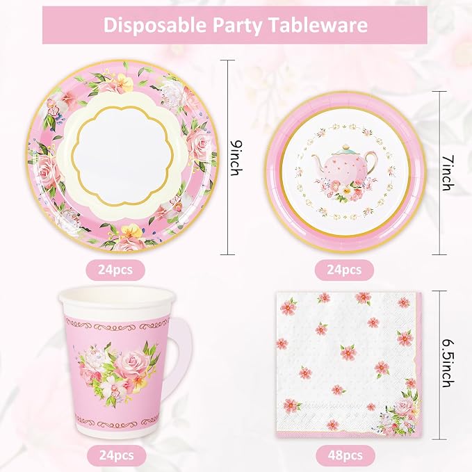 Whaline Pink Tea Party Tableware Supplies Serves 24 Pink Floral Tea Party - Image 2