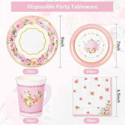 Whaline Pink Tea Party Tableware Supplies Serves 24 Pink Floral Tea Party - Image 2