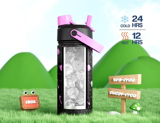 18 oz Kids Insulated Water Bottle: Glow-in-the-Dark, 2-in-1 Straw Spout Lid - Image 5