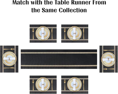 FAVE Placemats Set of 6 Black Placemats Woven with Golden Thread Durable and Wipeable Vinyl Placemat Set of 6 for Wedding, Banquet, Birthday, Party, Restaurant Decorations（Black）
