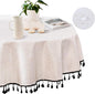 MYSKY HOME 60 Inch Round Cotton Tablecloth, Heavy Duty, Waterproof, Wrinkle Resistant, Black Tassels, Modern Elegant Design, Kitchen, Dining, Parties, Events