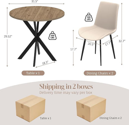 31.5" Round Dining Table and Chairs Set for 2, Small Dining Table Chairs Set Space-Saving, Round Table Set with Upholstered Chairs for Kitchen Dining Room Apartment(Natural + Beige)