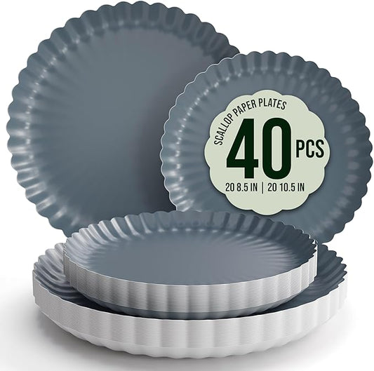 Trendables Floral Paper Plates 8.5 Inch & 10.5 Inch 40 Pcs Dinner Plate Set Fancy Disposable Plates for Party for 20 Guests 20 X 8 & 20 X 10 Large & Small Paper Plate Set for Parties Slate Blue