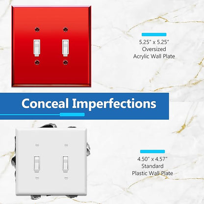 LIDER Double Toggle Switch Acrylic Wall Plate, Mirrored Dual Light Switch Plate, Plexiglass Switch Cover, Reflective Finish, Modern Decoration Upgrade, Oversized 2-Gang 5.25" x 5.25", Red