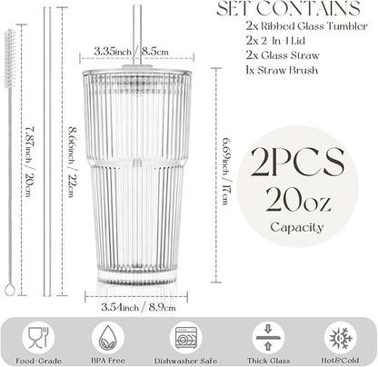 KEMORELA 20oz Ribbed Glass Tumblers - Image 3