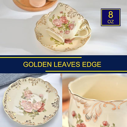 YOLIFE Tea Cup and Saucer Set, 8 OZ Pink Rose Tea Cup Set | Ivory Vintage - Image 4