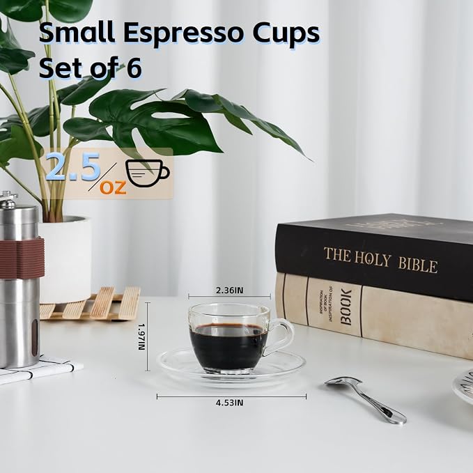 Glass Espresso Shot Cups with Saucers Set of 6, Dishwasher & Microwave Safe - Image 2
