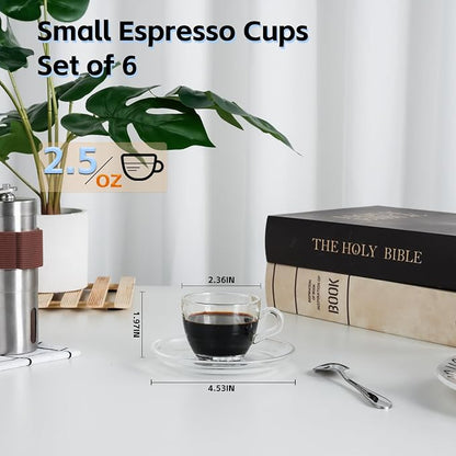 Glass Espresso Shot Cups with Saucers Set of 6, Dishwasher & Microwave Safe - Image 2