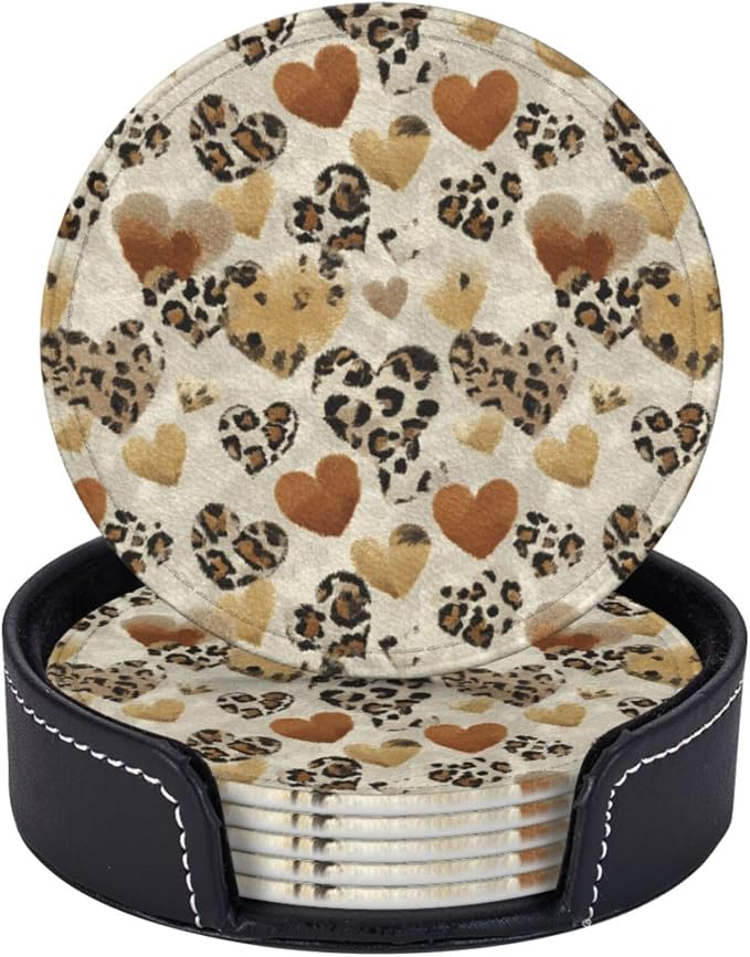 Brown Heart Shaped Spots Leopard Print Coasters by KiuLoam