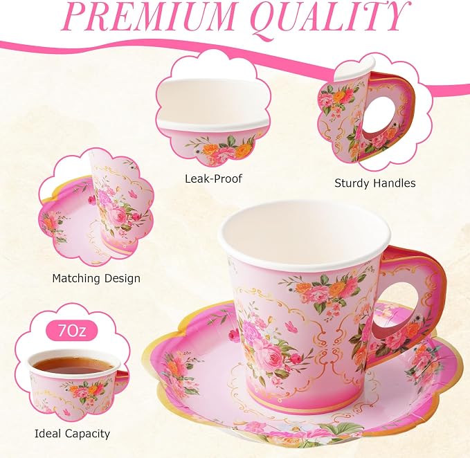 Disposable Tea Cups and Saucers, Floral Paper Tea Cups and Plates Serves 40 | - Image 3