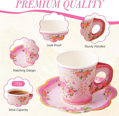 Disposable Tea Cups and Saucers, Floral Paper Tea Cups and Plates Serves 40 | - Image 3
