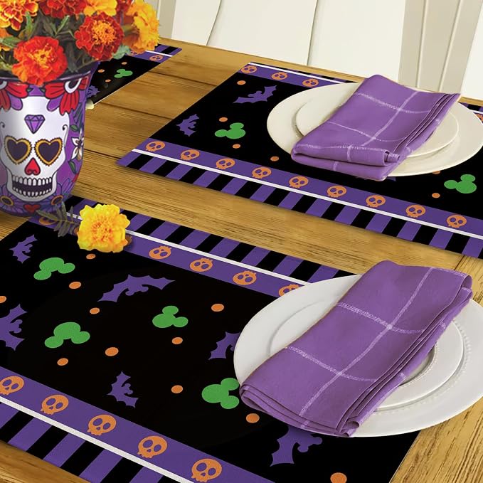 Seliem Purple Halloween Placemats Set of 4 | Bat Skull Polka Dot Dining Table - Image 6