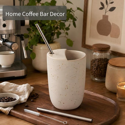 1 Pack Ceramic Coffee Mug with Sip Hole 9.5oz Retro Espresso Cup with Straw and - Image 4